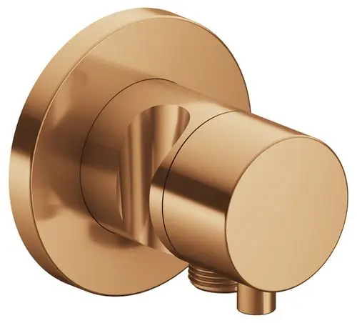 Runder Wandanschluss von Keuco in Bronze, ausgestattet mit einem Schlauchanschluss und einer Brause, geeignet für die Umstellung von Wasserbewegungen.